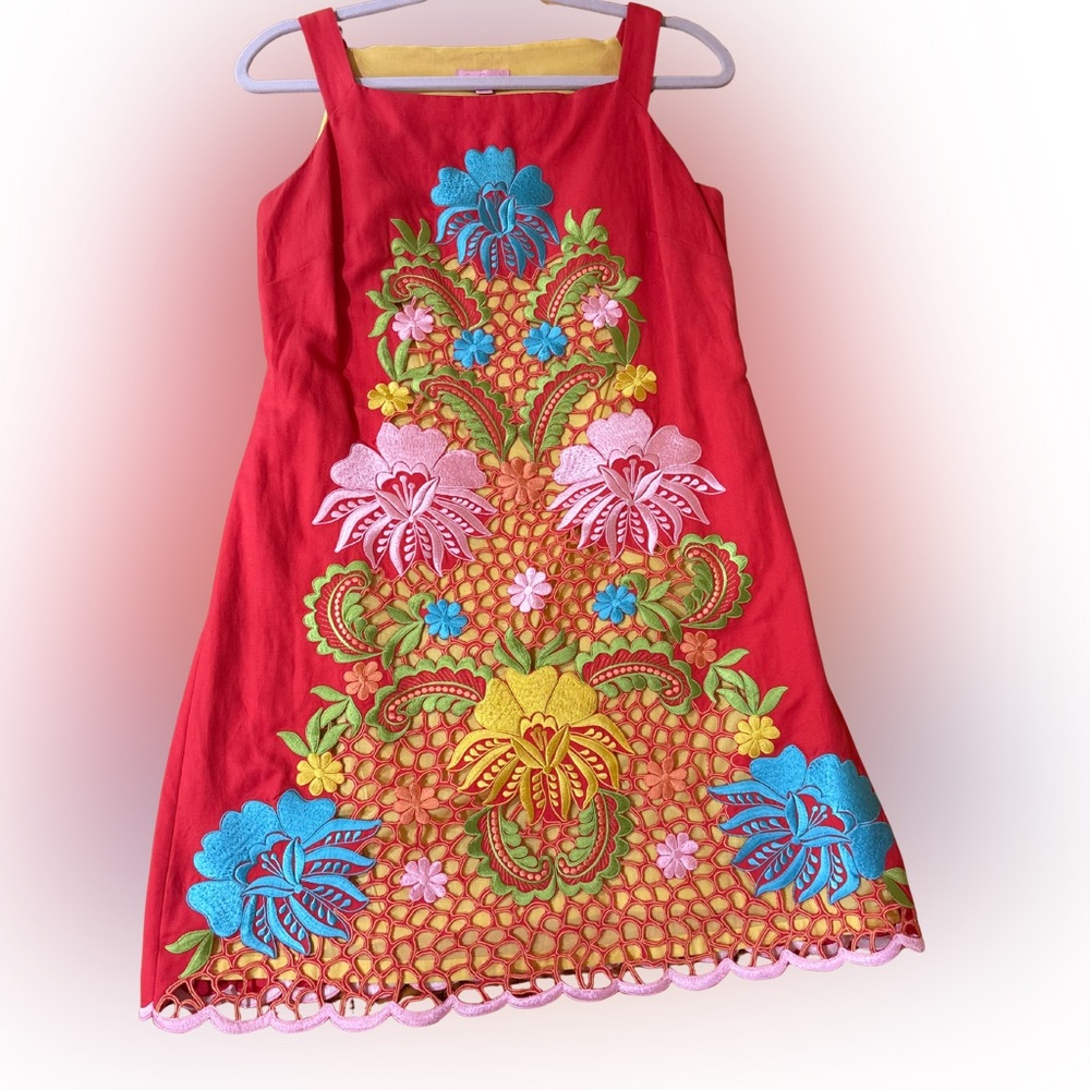 RARE Lilly Pulitzer Jacqueline Fiesta Dress, Size 4, Sunset Orange, Embroidered